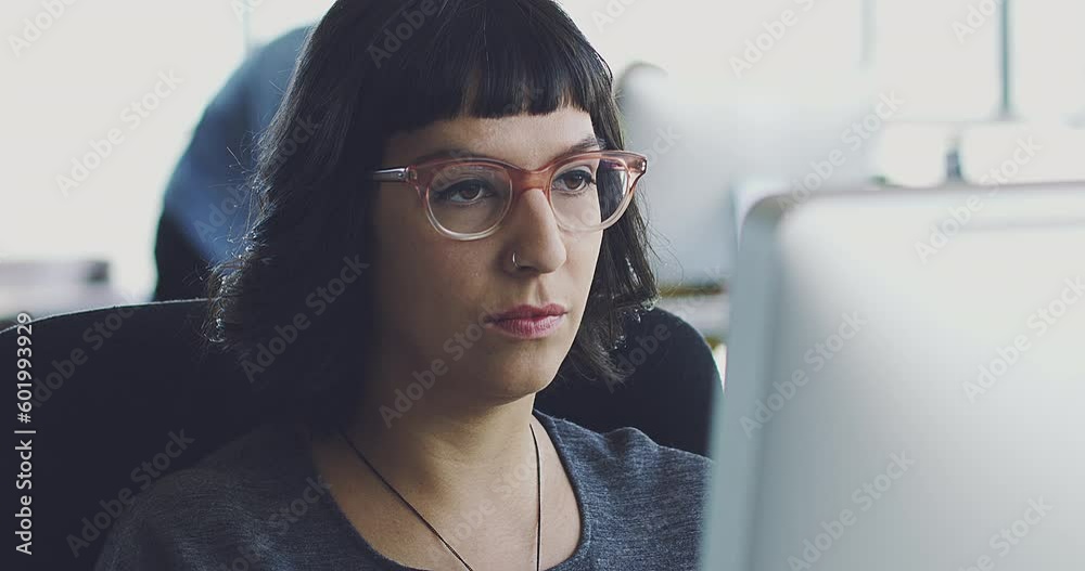 Face, research or programmer woman on computer for cybersecurity, coding or data analysis in office. Hacker, developer or employee on tech for software code, programming or startup analytics review.
