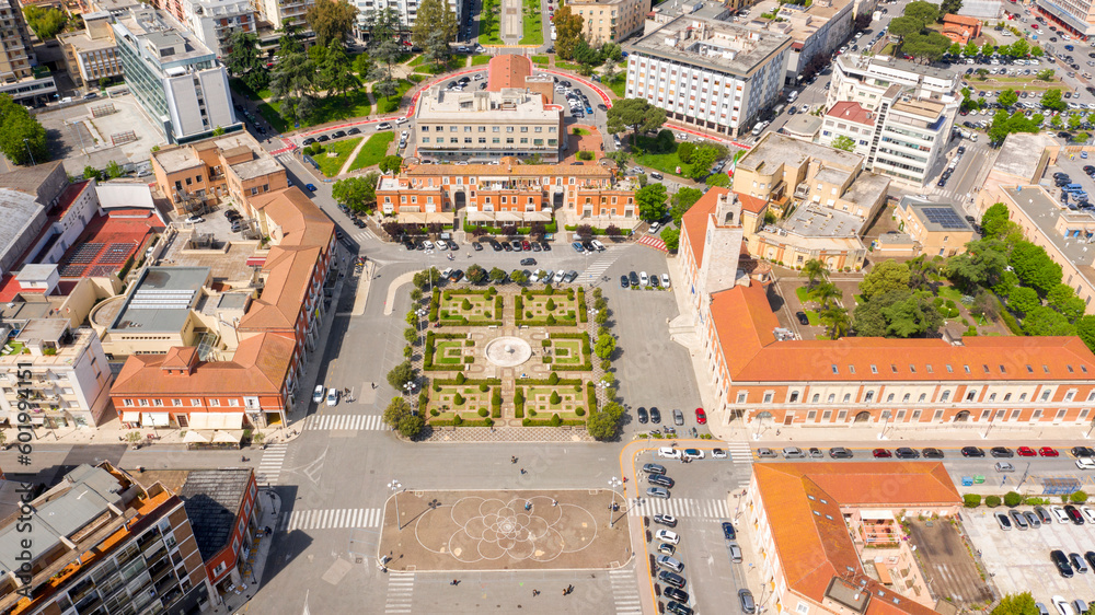 Aerial view of Piazza del Popolo and historical center of Latina, Italy. It is the main square of the regional capital of Lazio and where the town hall is located.