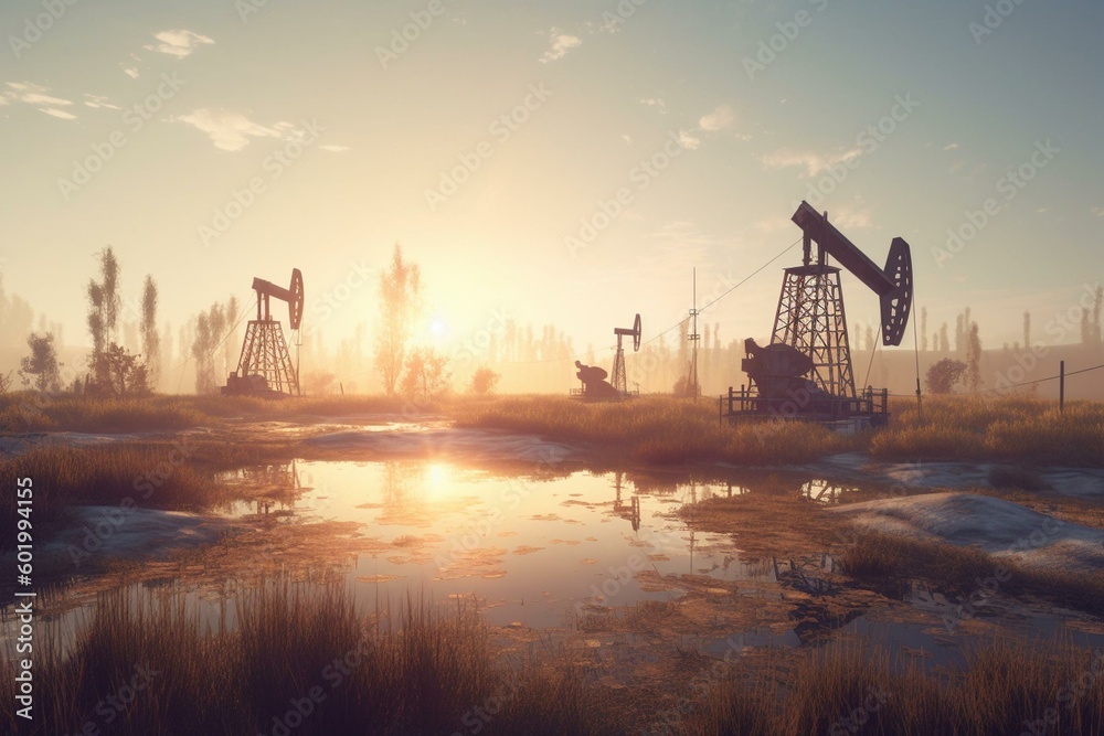 Illustration of oil wells in landscape. Generative AI
