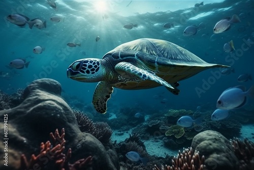 Illustration of marine creatures on a sea backdrop. Generative AI