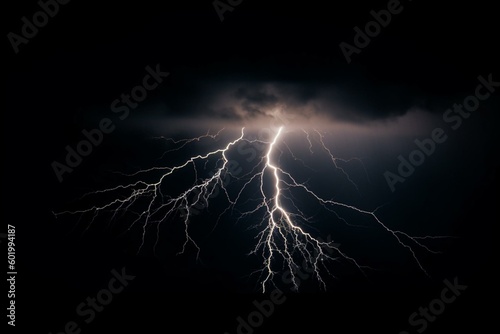 Lightning flash in a dark storm. Isolated on black background. Generative AI