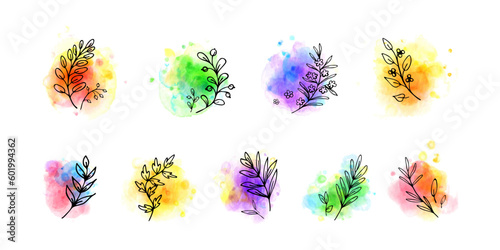 Hand drawn herbs, twigs bright aquarelle spots