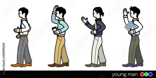 IT系企業で働く若い男性。横向き人物の手書きイラストセット。