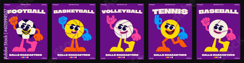 Game balls cartoon characters from the 90s. Tennis, basketball, volleyball, footbal,baseball. Fashion poster. funny colorful doodles in hippie style. Vector groovy illustration with typography
