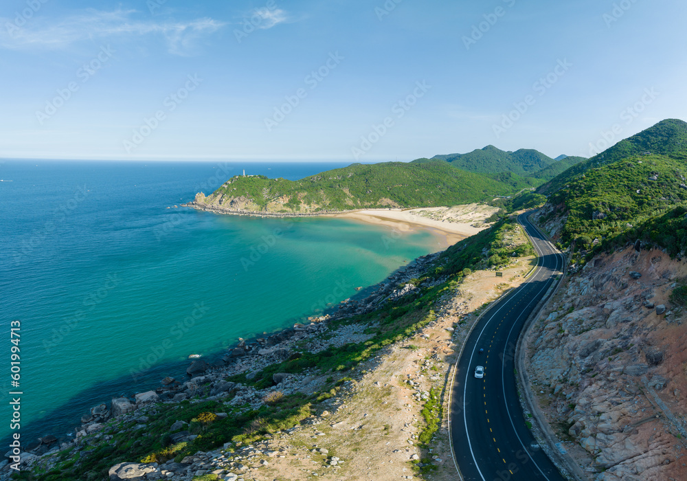 Landscape of Phu Yen with seascape and curve road near Mui Dien, Vietnam