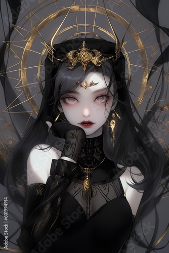 A woman with black hair and a gold ring on her head 
