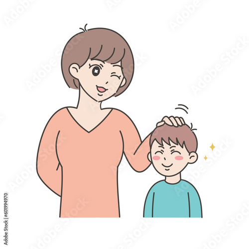 お母さんに頭を撫でてもらう男の子のイラスト	