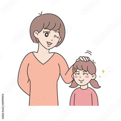 お母さんに頭を撫でてもらう女の子のイラスト	