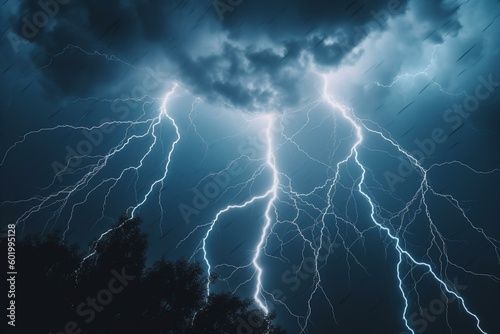 Electric storms create blue lightning bolts in nocturnal sky. Generative AI
