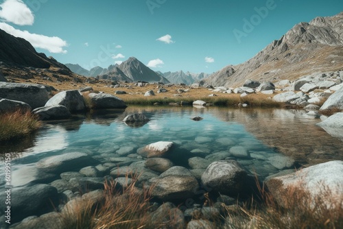 A mountained lake with blue sky, clouds, and rocks. Generative AI