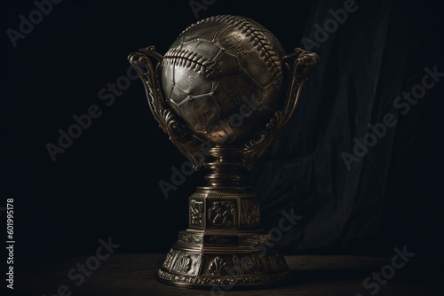 Dark background, baseball trophy shines in bronze. Generative AI