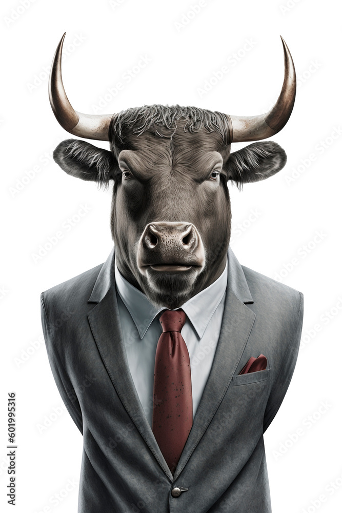 Bull dressed in a formal business suit on transparent background, created with generative AI Bull dressed in a formal business suit on transparent background, created with generative AI