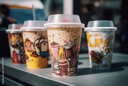 Artistic stickers of beverages and ice cream in to-go cups. Generative AI