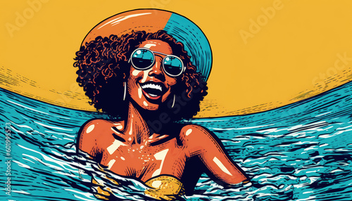 Illustration of a woman wearing a large sun hat while floating in the ocean. Digital art vector style. Generative AI