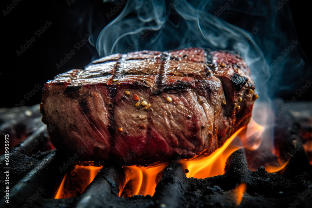 Appetitive spices beef steak sizzling over flaming grill. Gourmet food. Delicious food Appetitive spices beef steak sizzling over flaming grill. Gourmet food. Delicious food