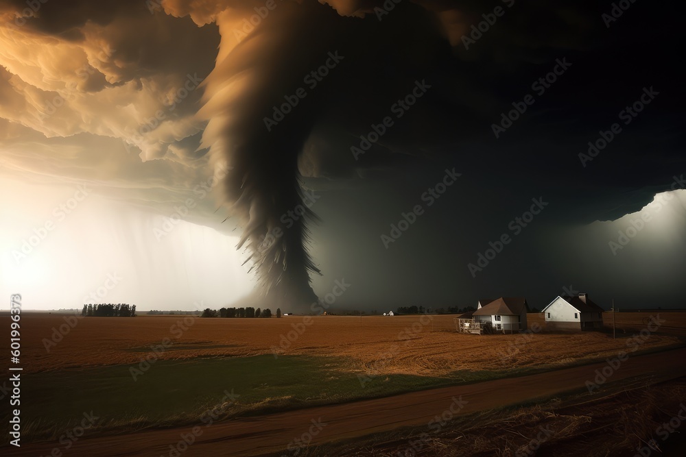 Super Cyclone or Tornado forming destruction over a populated landscape with a home or house on the way. AI Generated