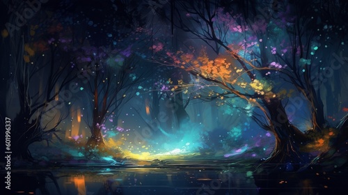 七色に輝く夜の森：AI作品 