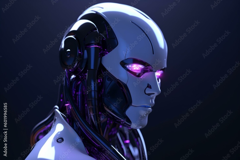 Slim profile robot with neon purple eyes. Generative AI