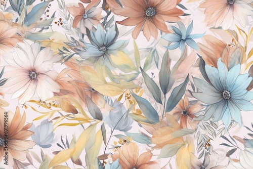 Hand-drawn pastel floral watercolor pattern for fabric and design. Generative AI