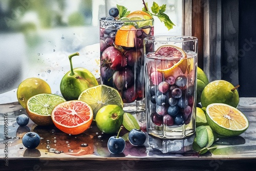 A watercolor artwork depicting fruits and cocktails. Generative AI