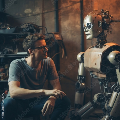 man talking with robot in garage generative ai