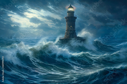 Illustration of a solitary lighthouse standing strong amidst crashing waves in the middle of the ocean. Generative AI © byarnoldus