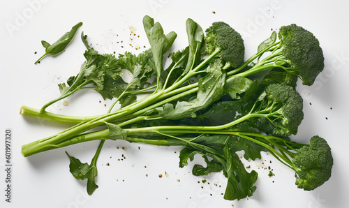 Broccoli rabes with water drops, white background, Generative AI
