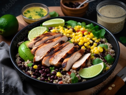 colorful couscous salad with grilled chicken, avocado, black beans, and lime dressing