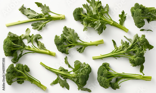 Broccoli rabes on a white background, Generative AI photo