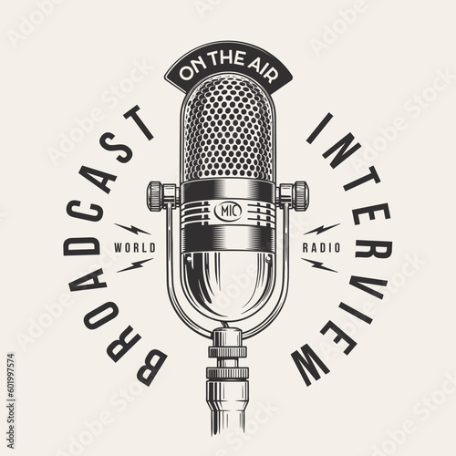 Vintage studio microphone isolated. On the air symbol concept. Black and white monochrome hand drawn vector illustration. 