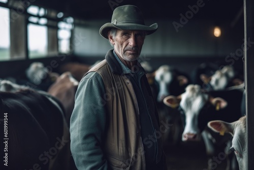 Farmer on a dairy farm with herd of cows. Ai generative. © Nataly