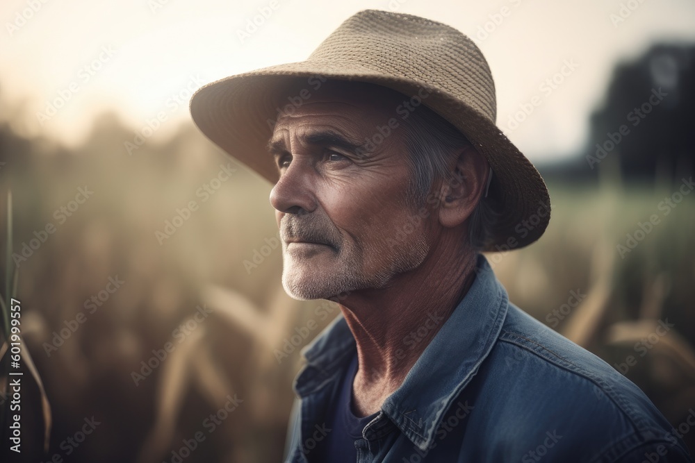 Portrait of a farmer standing in his field. Ai generative.