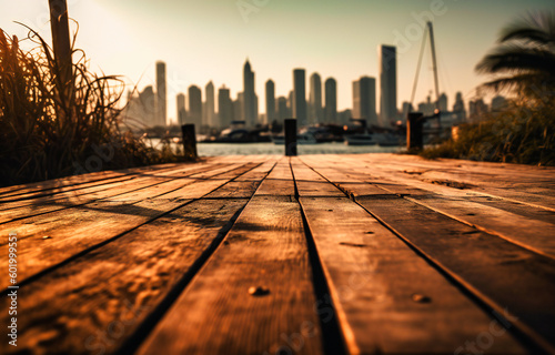 a wooden dock with the city on the background