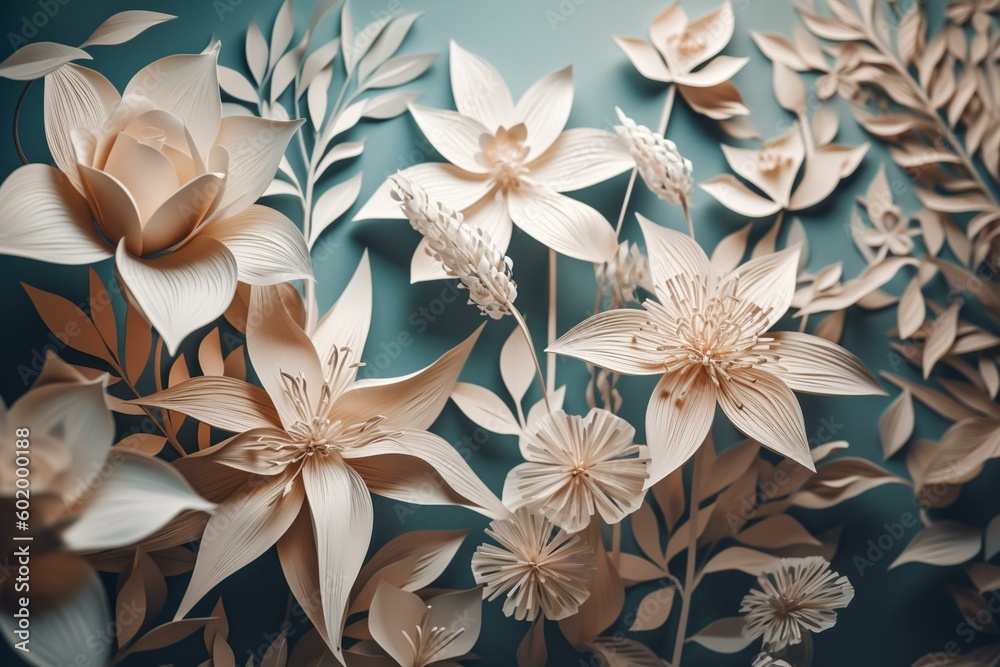 Soft-colored paper-cut style flowers with no identifiable shape. Generative AI