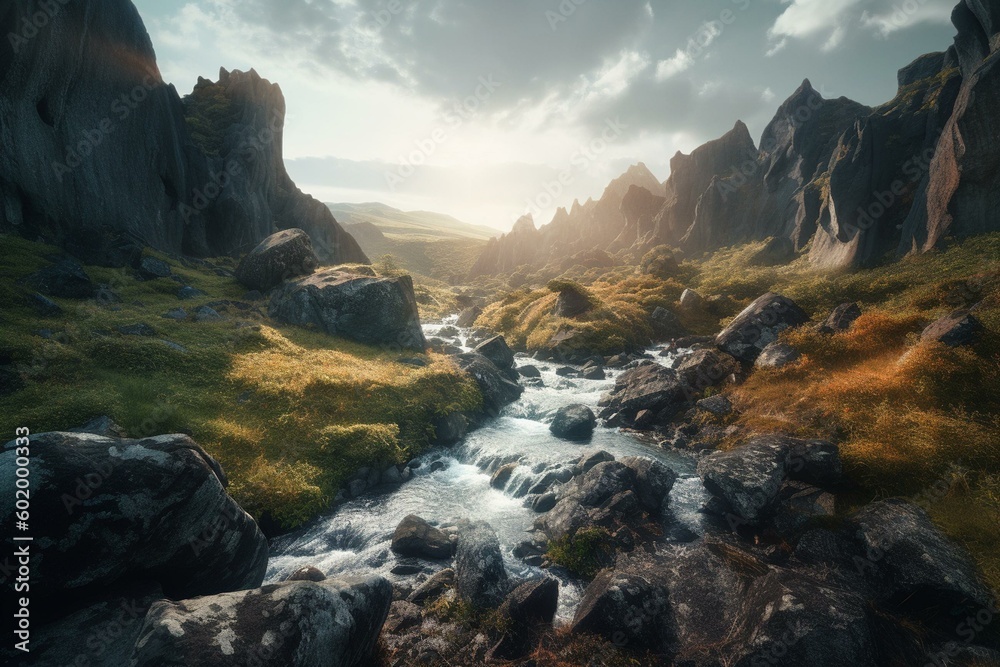 Mind-blowing surreal landscape with waterfalls captured in stunning ultra-wide angle with incredible detail. Generative AI