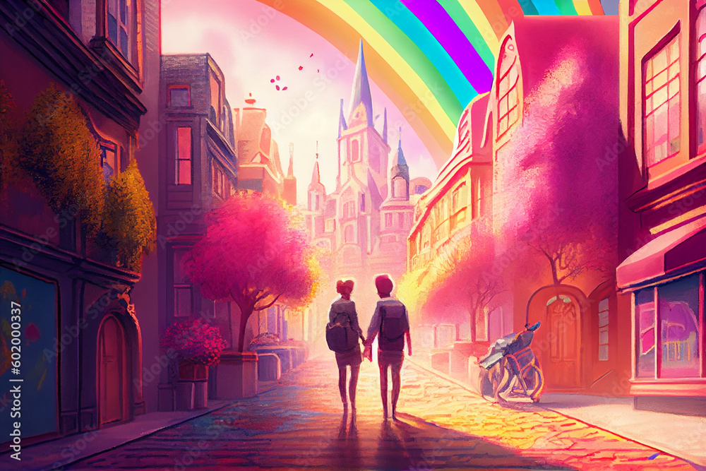 A vibrant and lively illustration of a couple walking through a colorful city with a rainbow in the background, generative ai