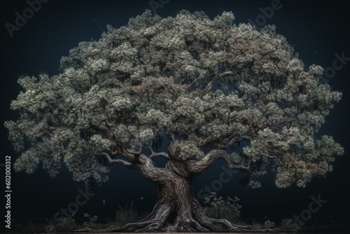 A detailed drawing of a flowering tree. Generative AI