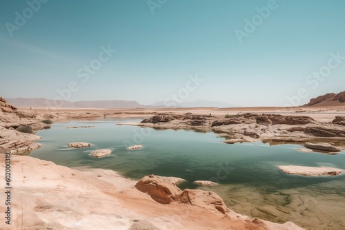 A scenic salt lake in Ras Mohamed national park, located at the southern end of the Sinai Peninsula in Egypt. A peaceful desert travel destination. Generative AI
