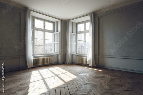 Empty room with window, sunlight, and shadows. 3D rendering. Generative AI © Uriah