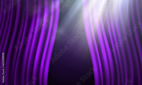 Purple curtain illuminated by spotlight. Open velvet drapes. Vector illustration.