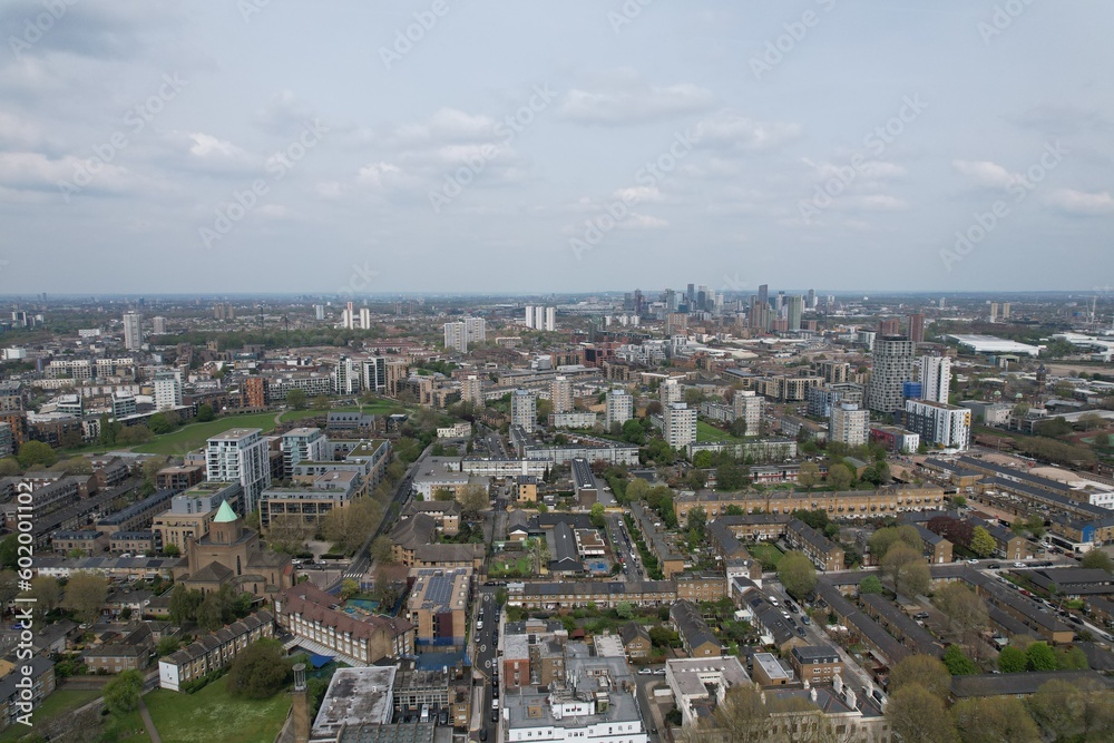 Poplar East London UK Flats ,apartments , housing drone aerial view.