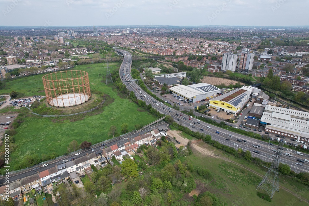 North Circular road Disused gas holder East Ham London UK over head drone aerial