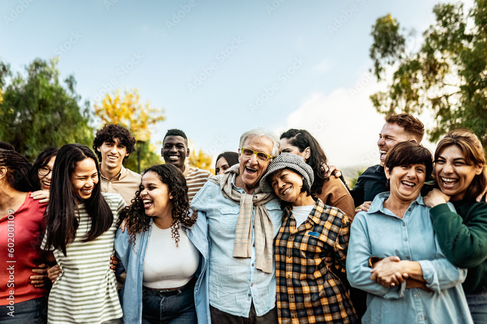 Happy multigenerational people having fun together in a public park - Diversity concept - obrazy, fototapety, plakaty 
