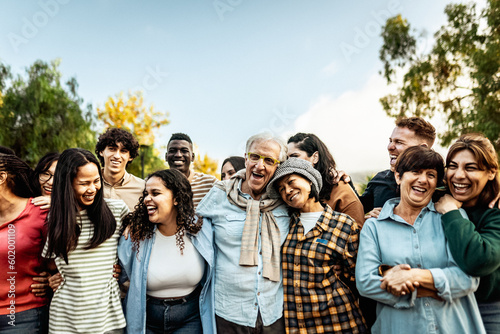 Tableau sur toile Happy multigenerational people having fun together in a public park - Diversity