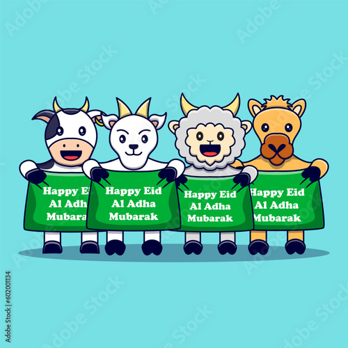 Cute Cow, Goat, Sheep and Camel holding a banner congratulating Eid al adha Vector Illustration.Cute animal character cartoon style
