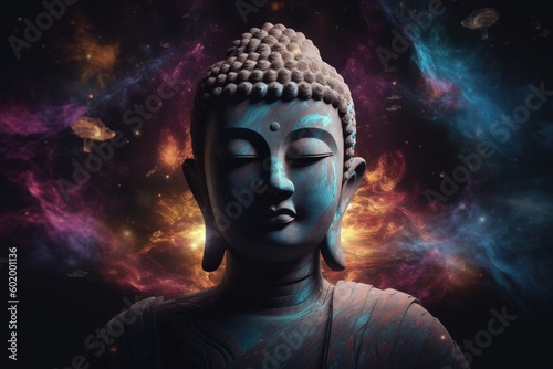 A Buddha illustration with the abstract expanse of the universe as its backdrop. Cosmic serenity meets spiritual enlightenment in this captivating portrayal. Generative AI