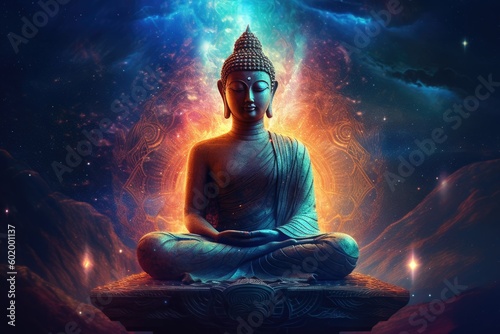 A Buddha illustration with the abstract expanse of the universe as its backdrop. Cosmic serenity meets spiritual enlightenment in this captivating portrayal. Generative AI
