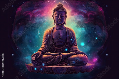 A Buddha illustration with the abstract expanse of the universe as its backdrop. Cosmic serenity meets spiritual enlightenment in this captivating portrayal. Generative AI