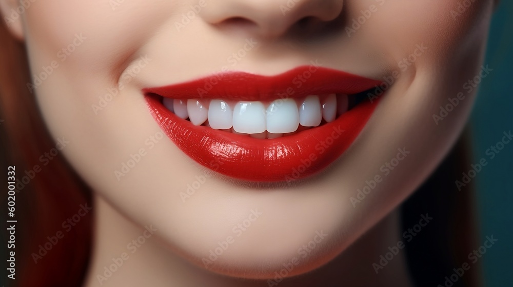 This is an advertisement for Banner's tooth whitening services, showcasing a close-up of a female's perfect white teeth with a shade guide to illustrate the bleach color. Generative AI This is an advertisement for Banner's tooth whitening services, showcasing a close-up of a female's perfect white teeth with a shade guide to illustrate the bleach color. Generative AI