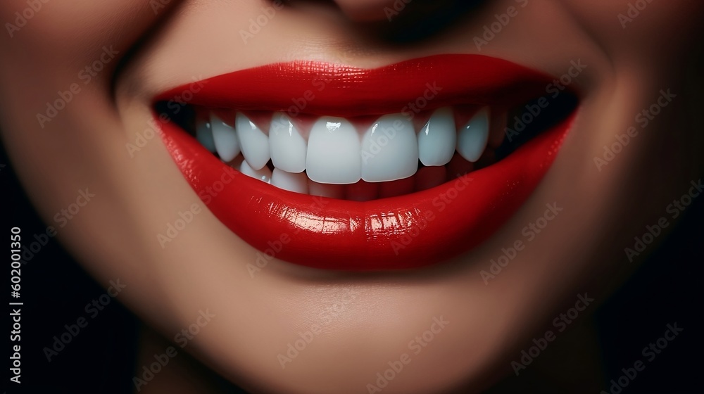 This is an advertisement for Banner's tooth whitening services, showcasing a close-up of a female's perfect white teeth with a shade guide to illustrate the bleach color. Generative AI This is an advertisement for Banner's tooth whitening services, showcasing a close-up of a female's perfect white teeth with a shade guide to illustrate the bleach color. Generative AI